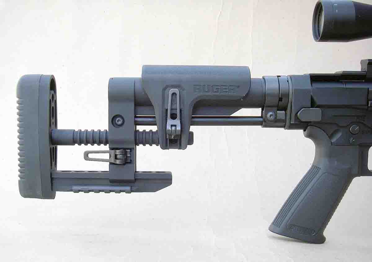 The stock is adjustable for length of pull and comb height, and its folding design facilitates bolt removal (below) and shortens the overall rifle length when stored. When unfolded, the stock locks solidly in place.